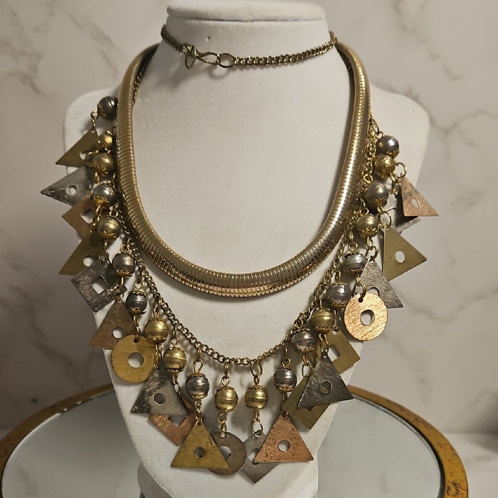 80s Goldtone NECKLACE  and Silver Geometric Statement Necklace 2